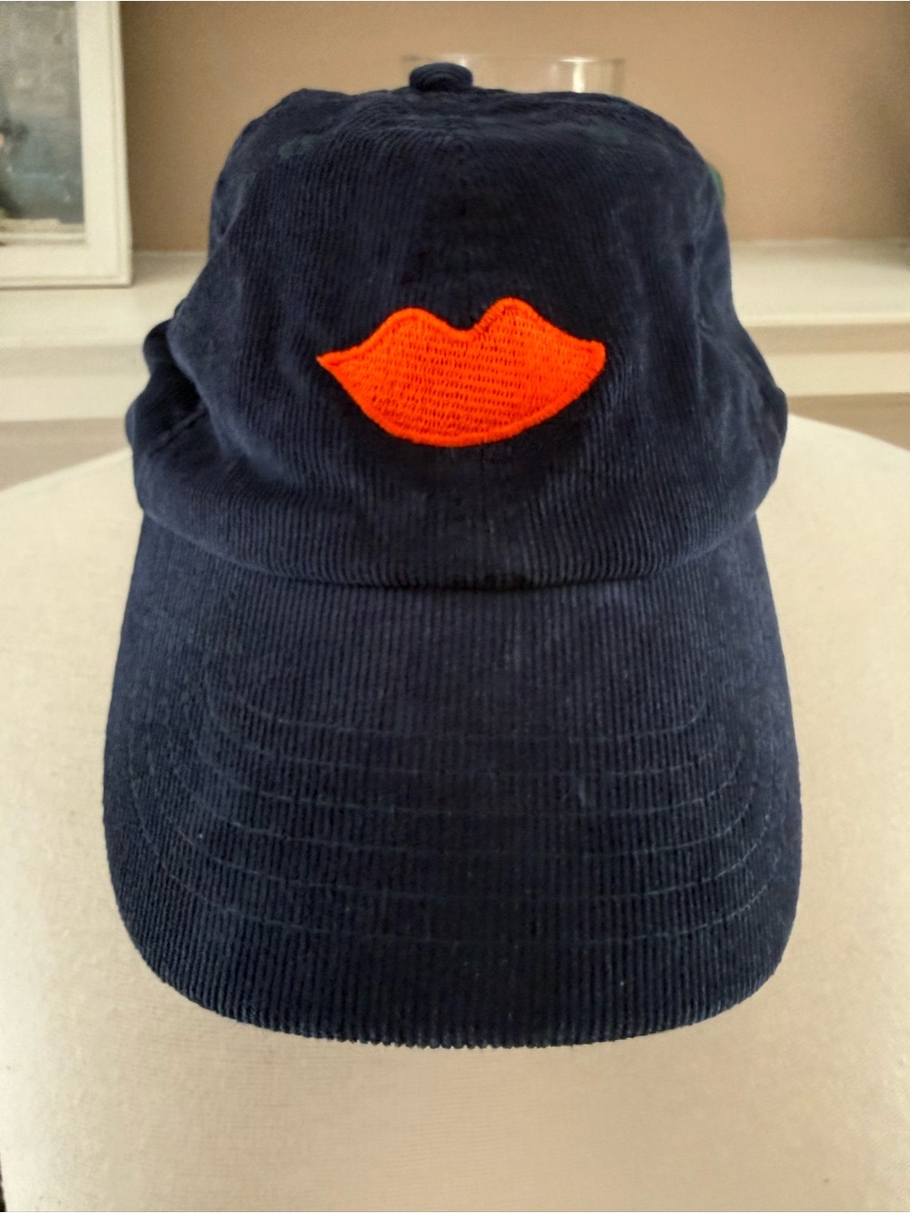 Clare V Anthro Navy Corduroy Baseball Cap with poppy Lip Patch